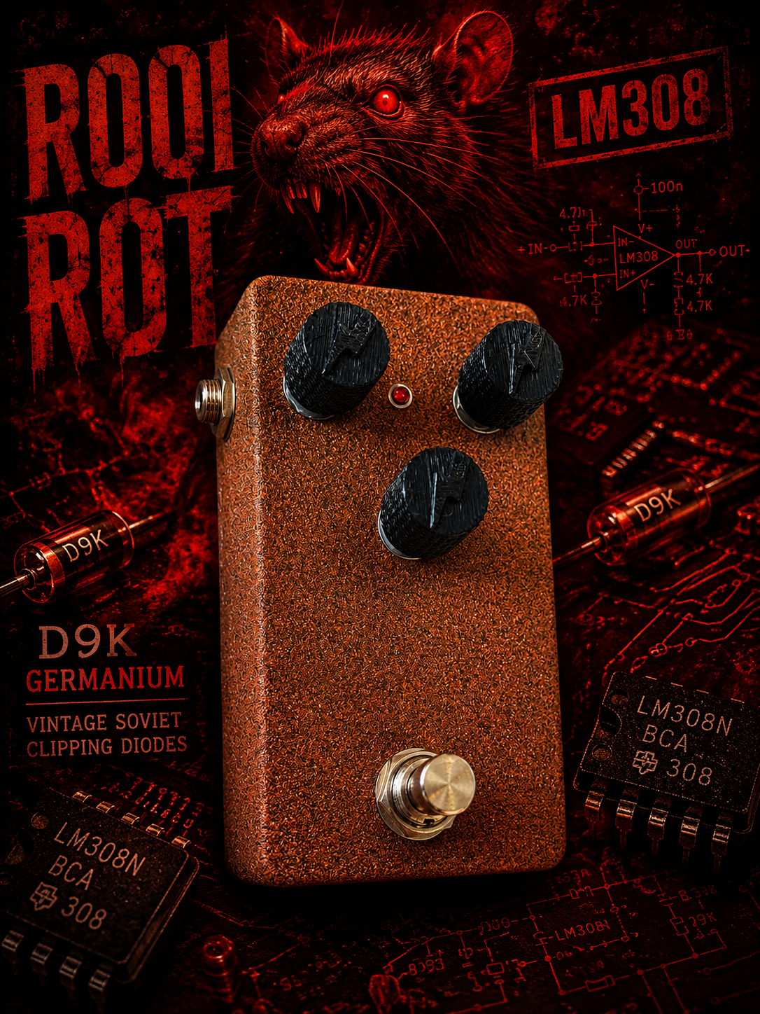 Rooi Rot – Hand-Built LM308 RAT-Style Distortion | D9K Germanium Edition