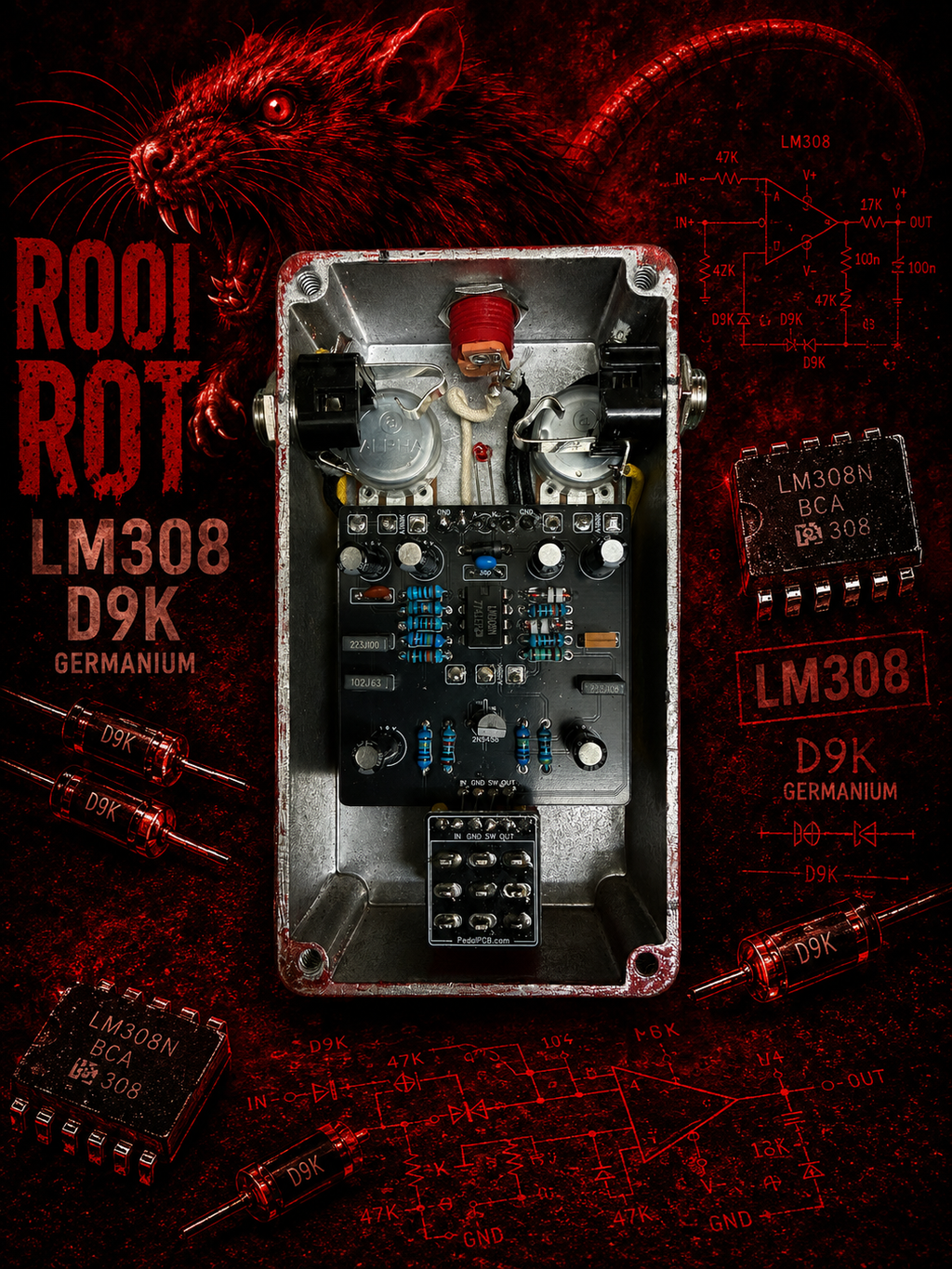 Rooi Rot – Hand-Built LM308 RAT-Style Distortion | D9K Germanium Edition